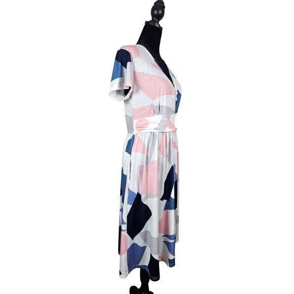 Womens Abstract Print V-Neck Short Sleeve Wrap Midi Dress Size M Casual Everyday - Picture 4 of 15